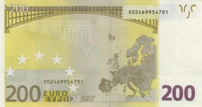 Купюра номиналом 200 евро, обратная сторона