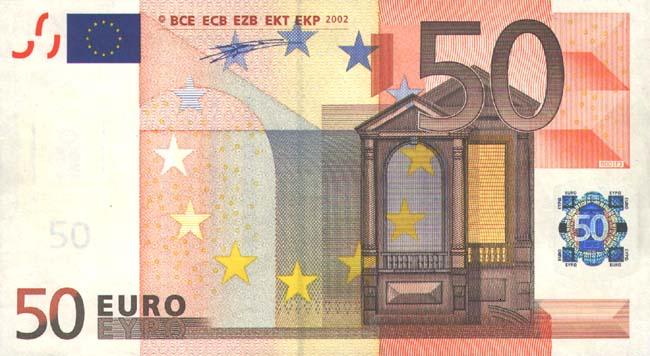Купюра номиналом 50 евро, лицевая сторона