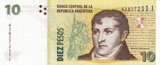 Банкнота в 10 аргентинских песо. Лицевая сторона