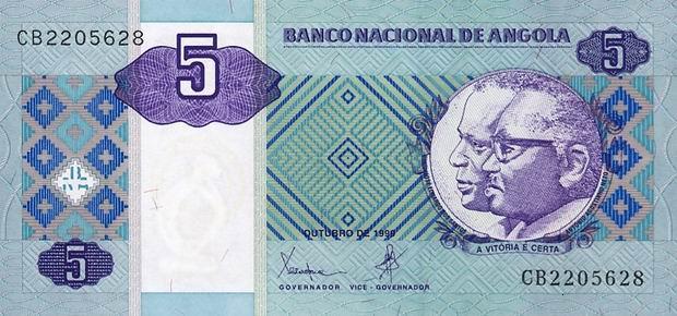 Банкнота в 5 ангольских кванз. Лицевая сторона