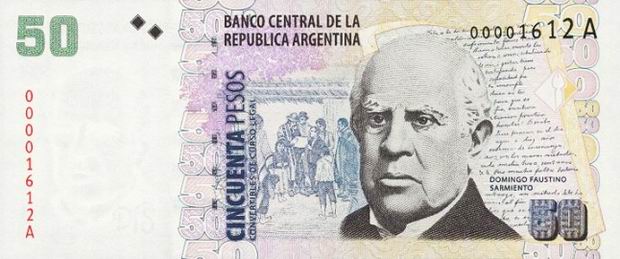 Банкнота в 50 аргентинских песо. Лицевая сторона